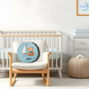 Nautical sailing teddy bear round pillow