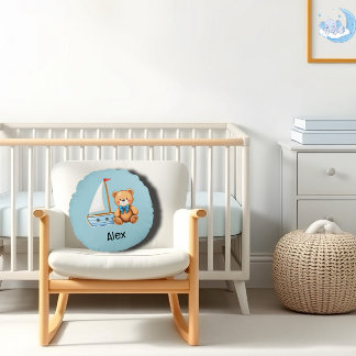 Nautical sailing teddy bear round pillow
