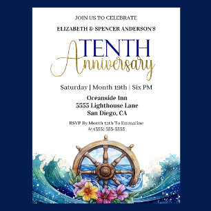 Nautical Sailing Wheel 10th Wedding Anniversary Invitation