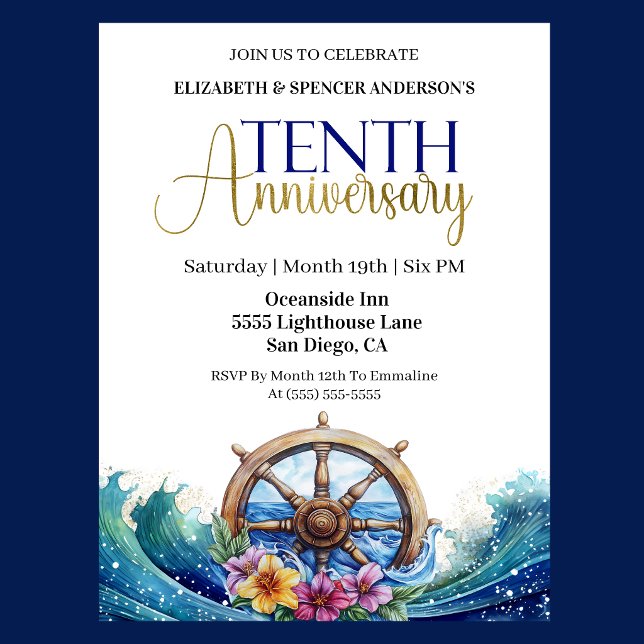 Nautical Sailing Wheel 10th Wedding Anniversary Invitation (Nautical 10th wedding anniversary invitation with navy blue and gold text, ship wheel and ocean wave)
