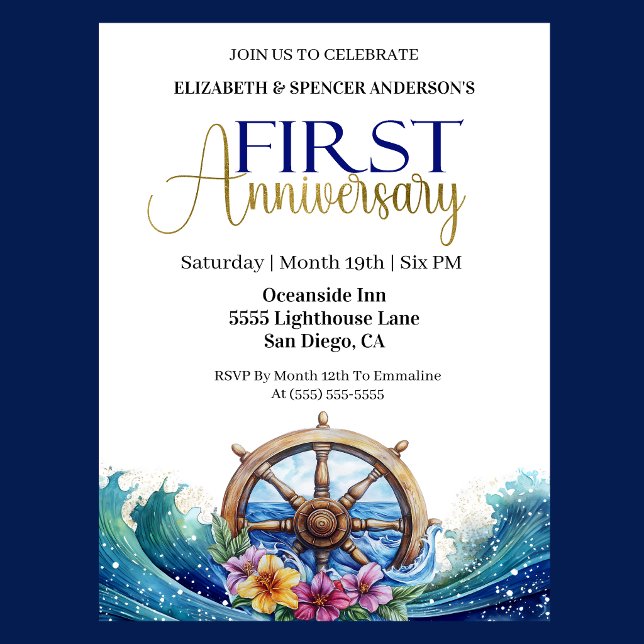 Nautical Sailing Wheel 1st Wedding Anniversary Invitation (Nautical 1st wedding anniversary invitation with navy blue and gold text, ship wheel and ocean wave)