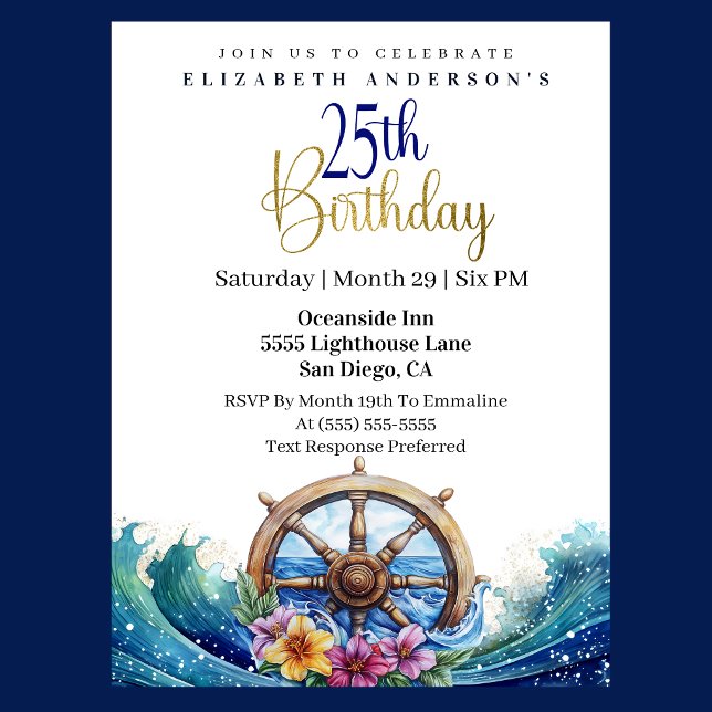 Nautical Sailing Wheel 21st Birthday Invitation (Nautical sailing wheel 21st birthday invitation with ocean waves and tropical flowers
)