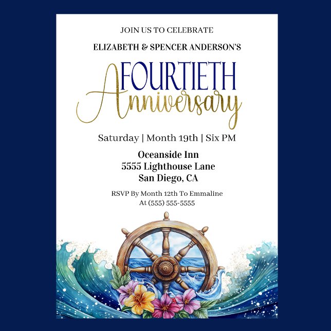 Nautical Sailing Wheel 40th Wedding Anniversary Invitation (Nautical 40th wedding anniversary invitation with ship wheel, ocean waves, and tropical flowers )