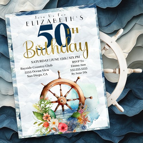 Nautical Sailing Wheel 50th Birthday Invitation