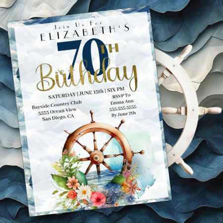 Nautical Sailing Wheel 70th Birthday Invitation