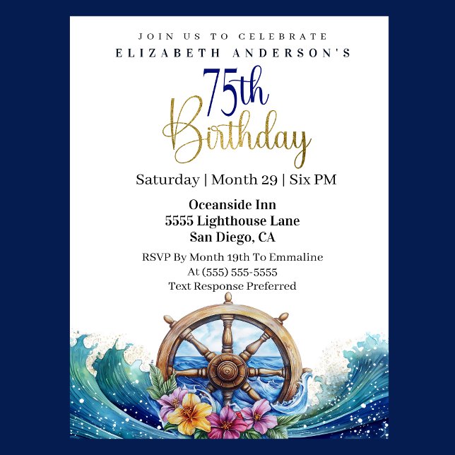 Nautical Sailing Wheel 75th Birthday Invitation (Nautical sailing wheel ocean waves floral 75th birthday invitation in navy blue and gold
)