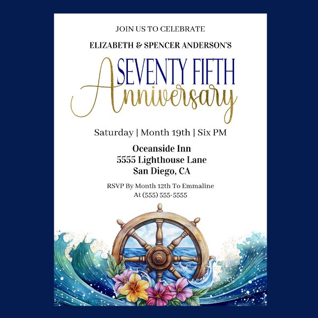 Nautical Sailing Wheel 75th Wedding Anniversary Invitation (Nautical 75th wedding anniversary invitation with ship wheel, ocean waves, and tropical flowers 
)