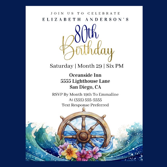 Nautical Sailing Wheel 80th Birthday Invitation (Nautical sailing wheel ocean waves floral 80th birthday invitation in navy blue and gold
)