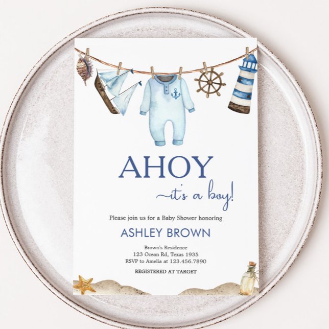 Nautical Sailor Ahoy Baby Shower Invitation (Nautical Sailor Ahoy Clothesline Baby Shower Invitation)