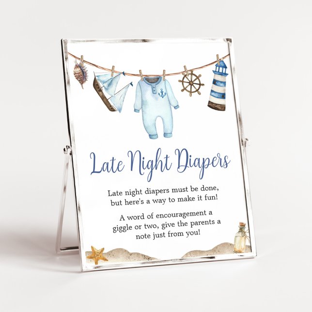 Nautical Sailor Ahoy Baby Shower Late Night Diaper Poster (Nautical Ahoy Baby Shower Late Night Diapers Sign)
