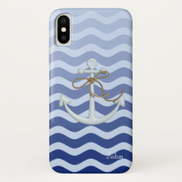 Nautical Sailor Anchor  Navy Blue Waves Stripe iPhone XS Case