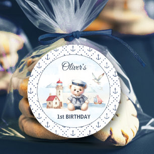 Nautical Sailor Bear 1st Birthday Anchor Classic Round Sticker