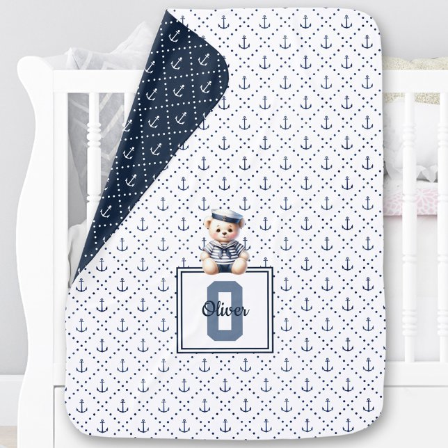 Nautical Sailor Bear White Navy Anchor Monogram Baby Blanket (Nautical Sailor Bear White Navy Anchor Monogram Baby Blanket)