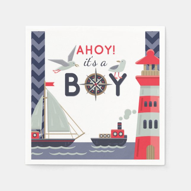 Nautical Sailor Boats Ahoy Baby Boy Shower Party Napkins (Front)