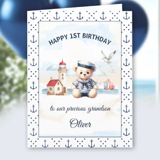 Nautical Sailor Cute Bear 1st Birthday Boy Card