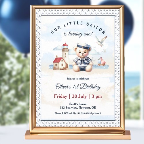 Nautical Sailor Cute Bear 1st Birthday Invitation