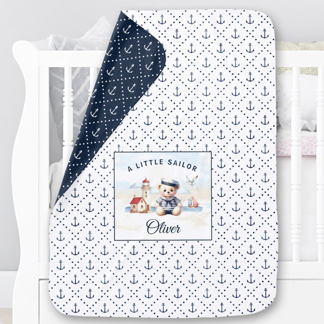 Nautical Sailor Cute Bear Blue White Anchor Name Baby Blanket (Nautical Sailor Cute Bear Blue and White Anchor Custom Name Boy Baby Blanket)