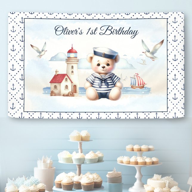 Nautical Sailor Cute Bear Boy 1st Birthday Banner (Nautical Sailor Cute Bear Boy 1st Birthday Banner)