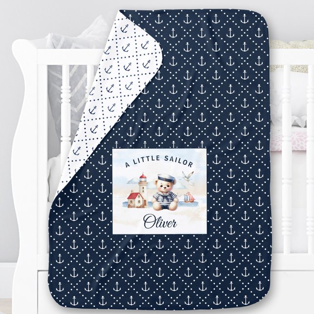 Nautical Sailor Cute Bear Navy Anchor Name Boy Baby Blanket (Nautical Sailor Cute Bear Navy Anchor Name Boy Baby Blanket)