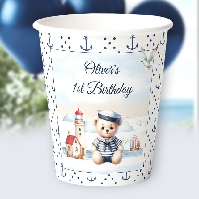 Nautical Sailor Cute Bear Summer 1st Birthday Paper Cups (Nautical Sailor Cute Bear Summer 1st Birthday Paper Cups)