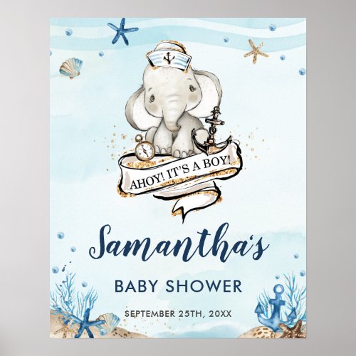 Nautical Sailor Cute Elephant Baby Shower Welcome  Poster