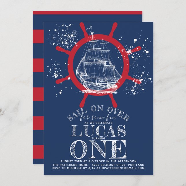 Nautical Sailor First Birthday Blue Invitation (Front/Back)