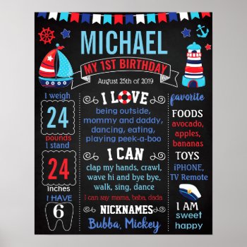 Nautical Sailor First Birthday Board Poster by 10x10us at Zazzle