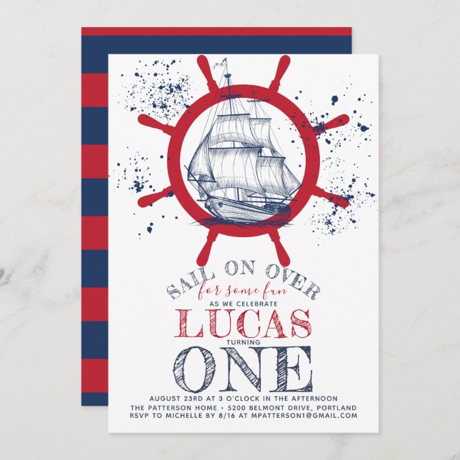 Nautical Sailor First Birthday Invitation (Front/Back)