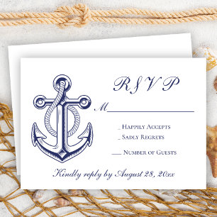 Nautical Sailor Navy Blue Anchor RSVP Wedding Card