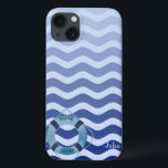 Nautical Sailor  Navy Blue Waves Stripe iPhone 13 Case<br><div class="desc">Navy blue stripe waves with your name.</div>