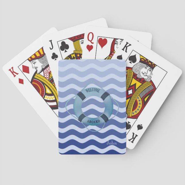 Nautical Sailor  Navy Blue Waves Stripe Poker Cards (Back)