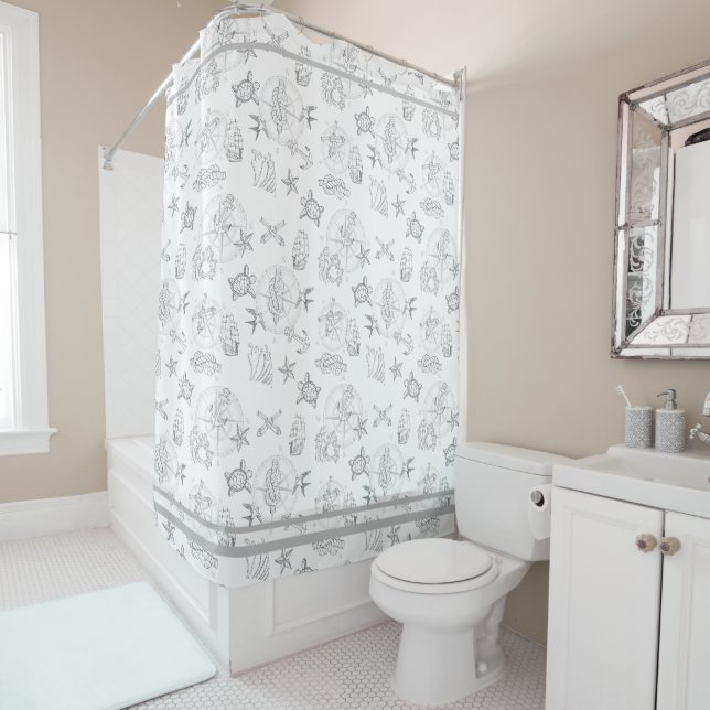 Nautical Sailor Tattoos Grey and White Patterned Shower Curtain (In Situ)