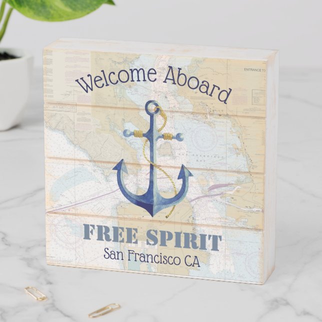 Nautical San Francisco Boat Name Welcome Aboard Wooden Box Sign (In Situ Horizontal)