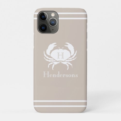 Nautical Sand Tan Taupe White Crab Monogram Name  iPhone 11 Pro Case