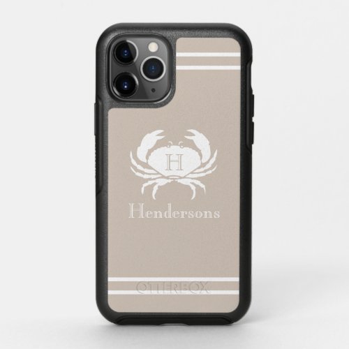 Nautical Sand Tan Taupe White Crab Monogram Name   OtterBox Symmetry iPhone 11 Pro Case