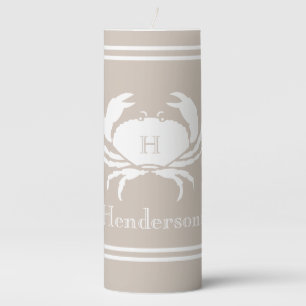 Nautical Sand Tan Taupe White Crab Monogram Name  Pillar Candle