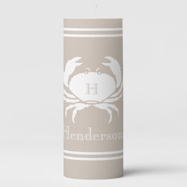 Nautical Sand Tan Taupe White Crab Monogram Name  Pillar Candle (Front)