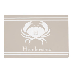 Nautical Sand Tan Taupe White Crab Monogram Name   Placemat