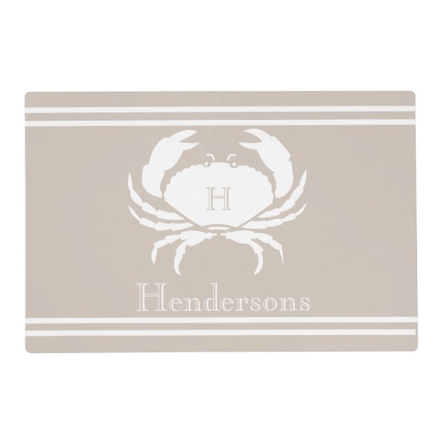 Nautical Sand Tan Taupe White Crab Monogram Name   Placemat (Front)