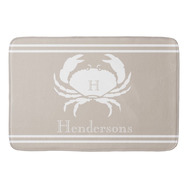 Nautical Sand Tan Taupe White Crab Monogram Name S Bath Mat (Front)