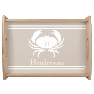 Nautical Sand Tan Taupe White Crab Monogram Name   Serving Tray