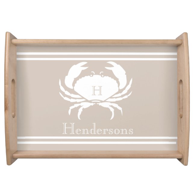 Nautical Sand Tan Taupe White Crab Monogram Name   Serving Tray (Front)