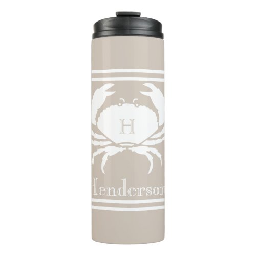 Nautical Sand Tan Taupe White Crab Monogram Name  Thermal Tumbler