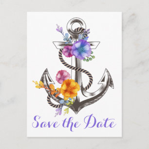 Nautical Save the Date Anchor Purple Engagement Postcard