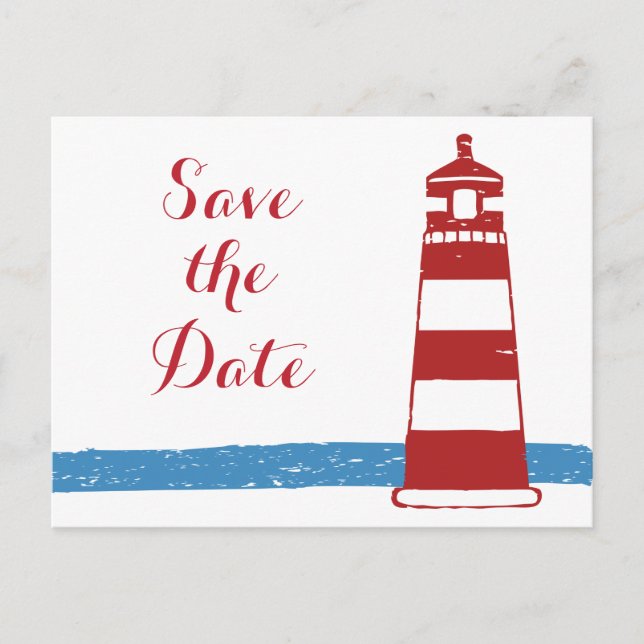 Nautical Save The Date Lighthouse Red Blue Wedding Announcement Postcard (Front)