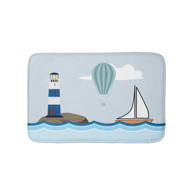 Nautical Scene with Lighthouse and Sailboat Bathroom Mat (Front)