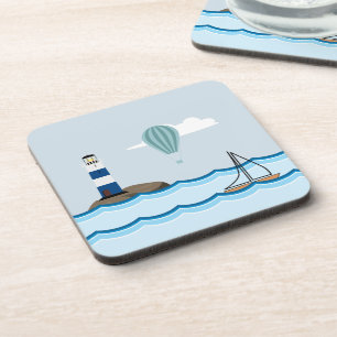 Nautical Scene with Lighthouse and Sailboat Beverage Coaster