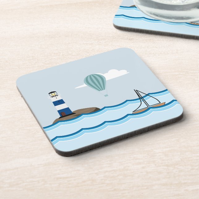 Nautical Scene with Lighthouse and Sailboat Beverage Coaster (Left Side)