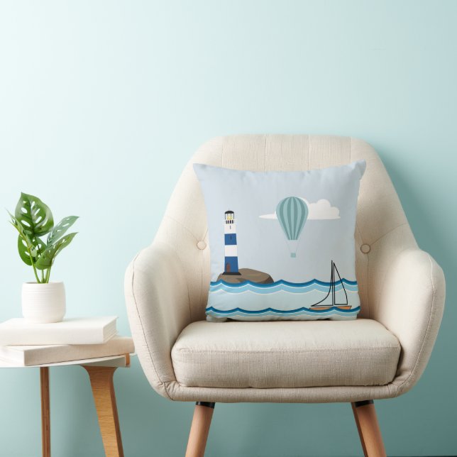 Nautical Scene with Lighthouse and Sailboat Throw Pillow (Chair)