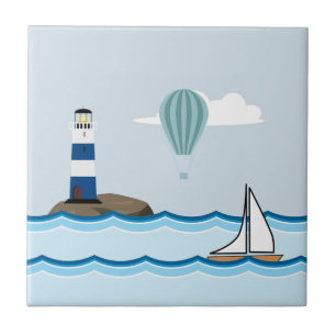 Nautical Scene with Lighthouse and Sailboat Tile